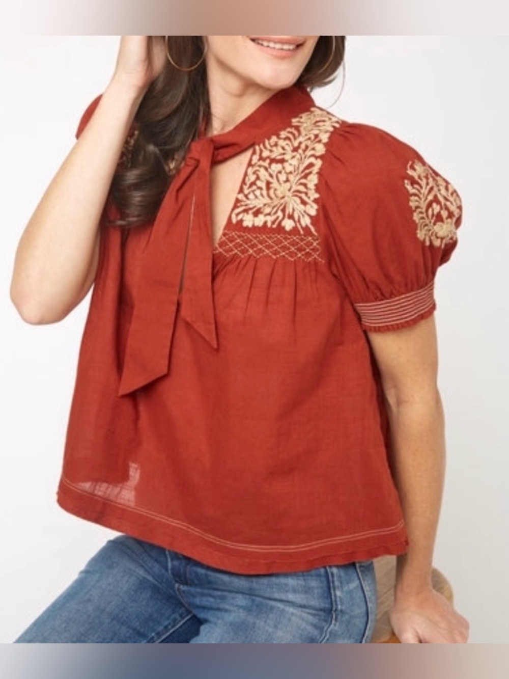 Free People Dreaming About You Tunic Boho Orange Embroidered Top XS
